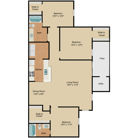 Floor plan for 3 beds, 2 baths, 1184 sqft